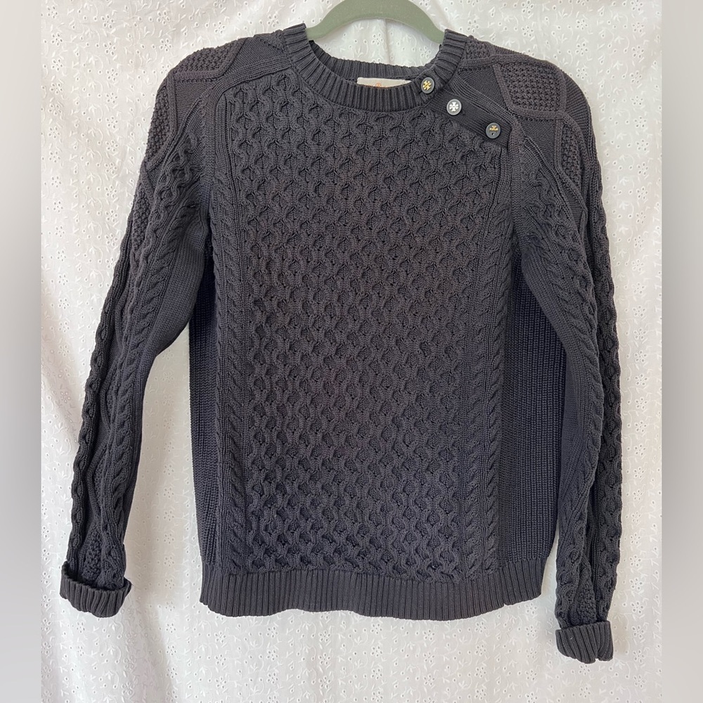 Tory Burch Navy Blue Cable Knit Crewneck Cotton Sweater Medium